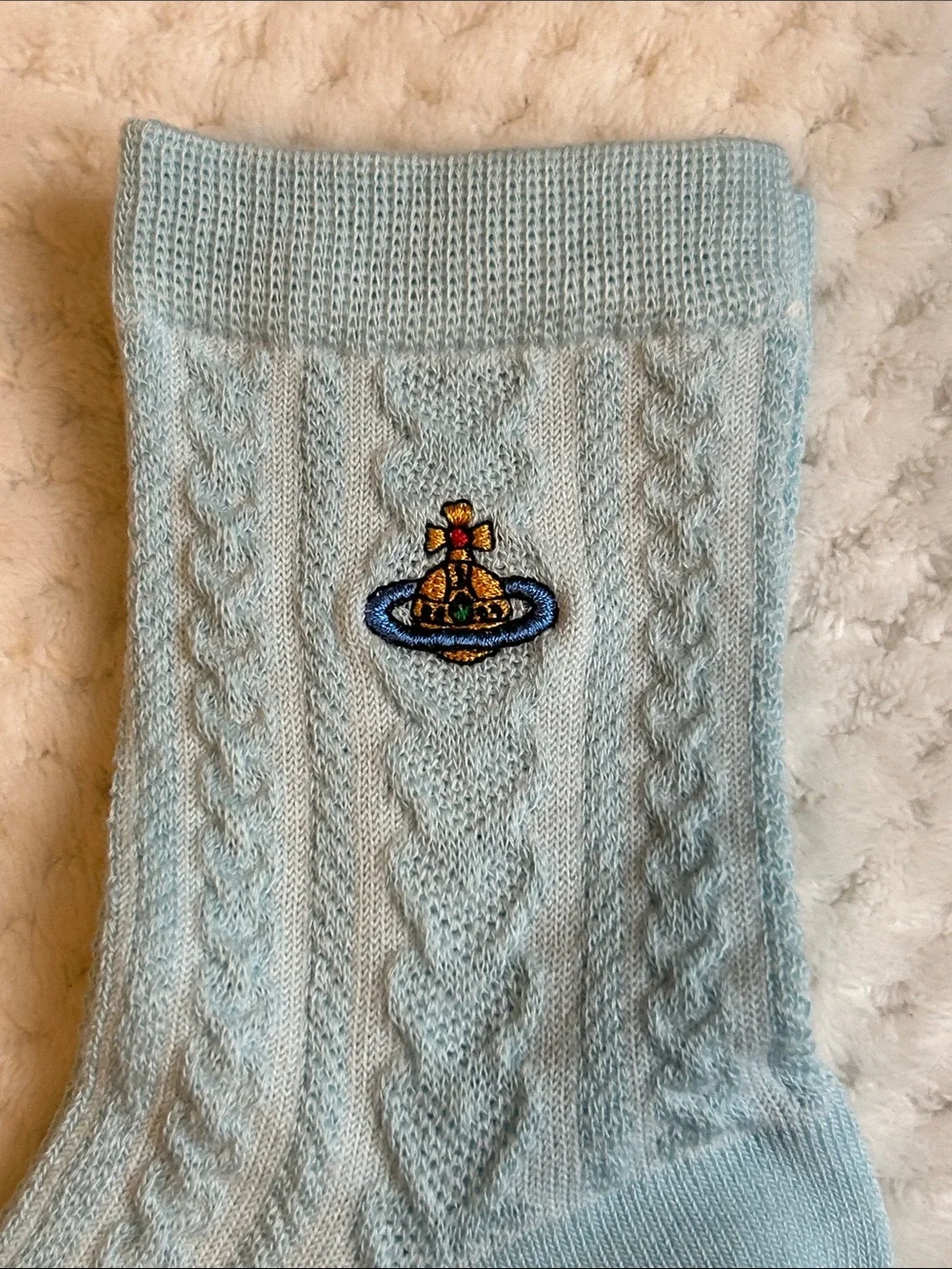 NWOT Vivienne Westwood Unisex Cable-Knit Crew Socks With Orb Logo - Pastel Blue